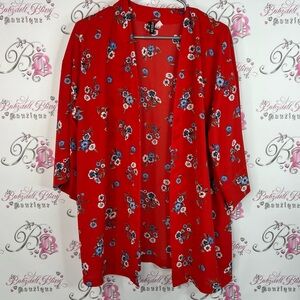 Divided cardigan kimono open front waterfall flowers Floral Red Kimono Cardigan